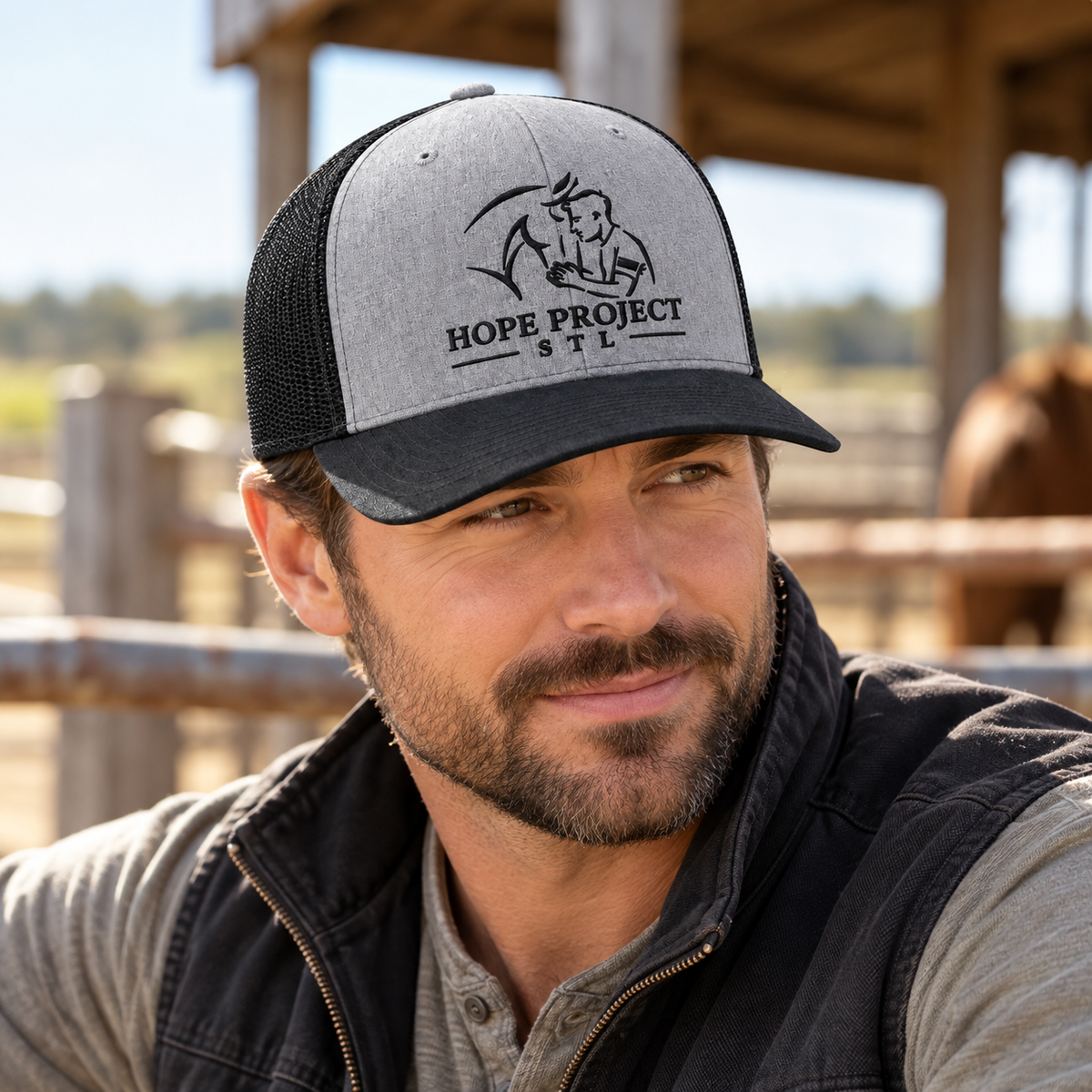 Hope Project STL Richardson 112 Embroidered Trucker Hat – Heather Grey/Black